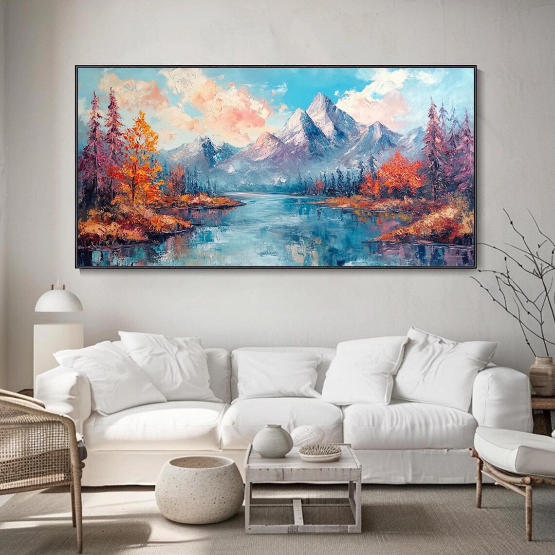 Snowy Mountain Lake With Autumn Trees Scenic Landscape Art Poster - Image 3