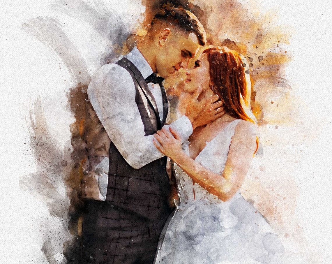 Romantic Couple Embracing Watercolor Portrait Warm Amber Tones Poster