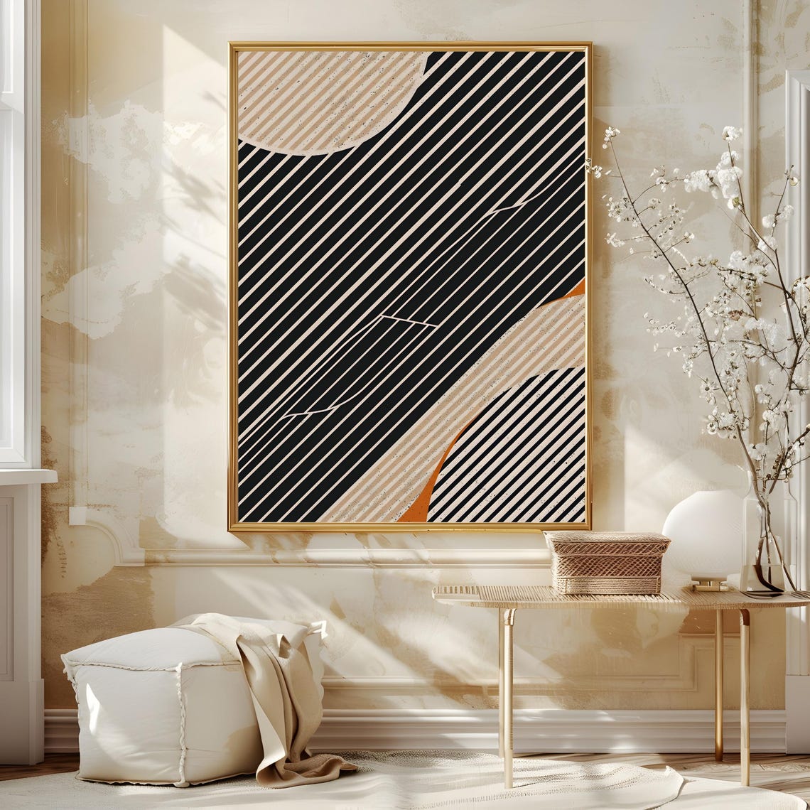 Mid Century Modern Black Cream Diagonal Stripes Rust Art Poster - Image 3