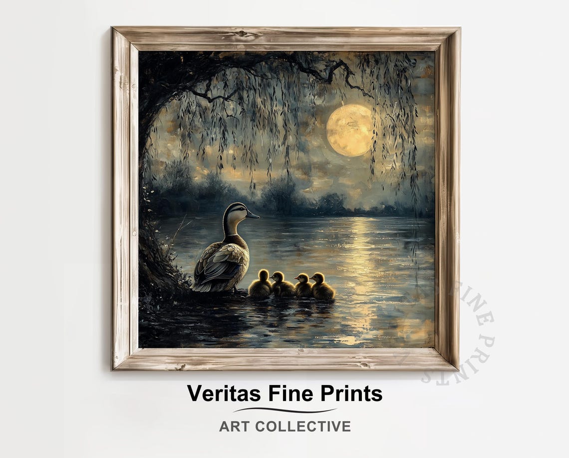 Moody Duck Family Under Moonlight Rustic Nocturnal River Scene Cottagecore Wildlife Art Vintage Nature Wall Art