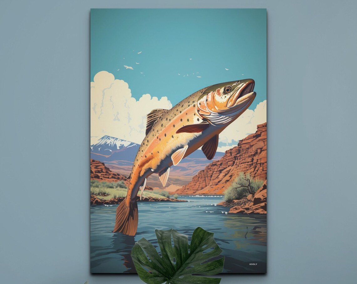 Leaping Brown Trout Over Canyon River Vintage Fishing Art Poster