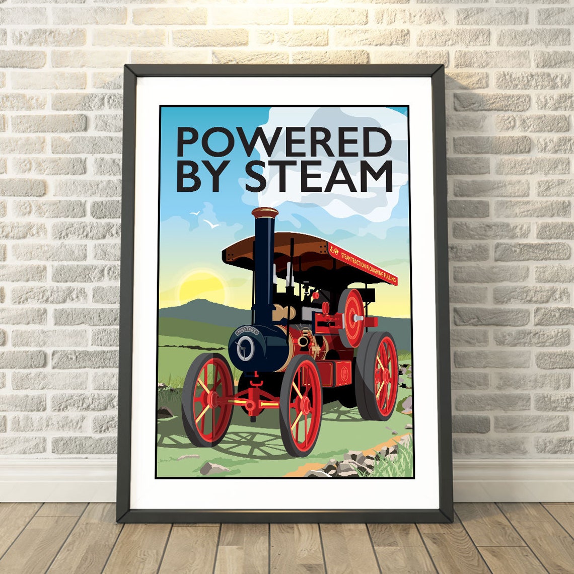 Powered By Steam Vintage Traction Engine Retro Travel Style Poster