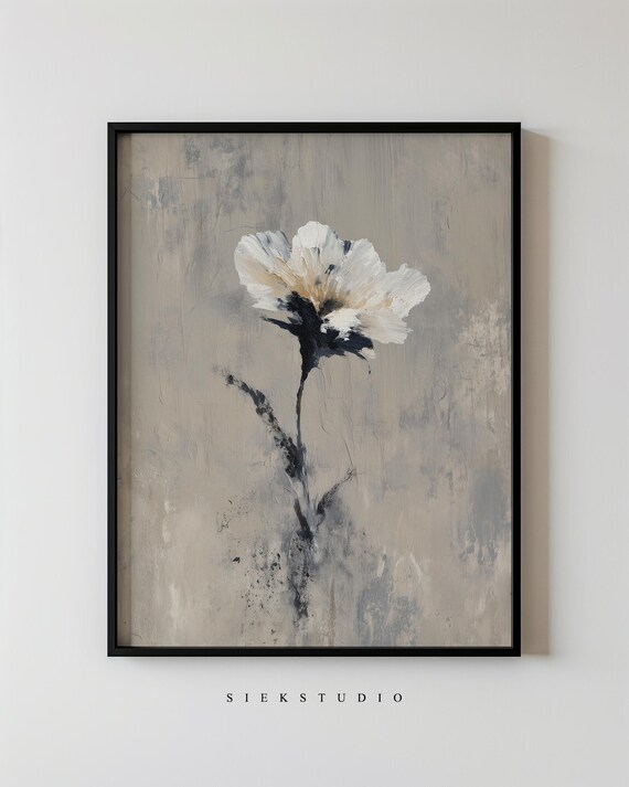 Minimalist White Flower Painting Neutral Abstract Botanical Art Print