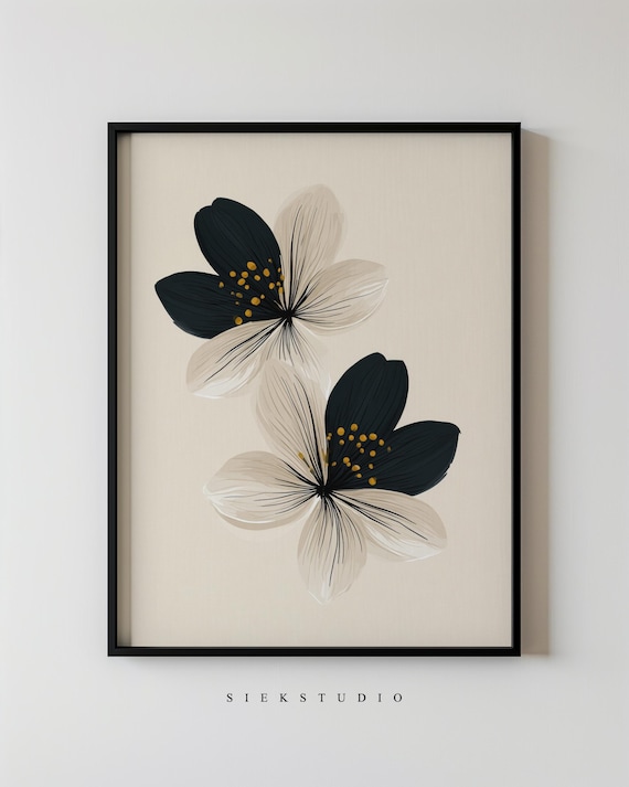Black and White Abstract Flower Painting Gold Detail Minimalist Wall Art