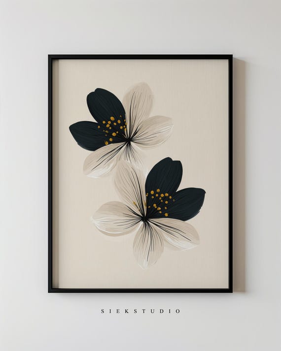 Contemporary Minimalist Beige Black And White Flower Neutral Modern Abstract Botanical Floral Home Wall Art Decor 295