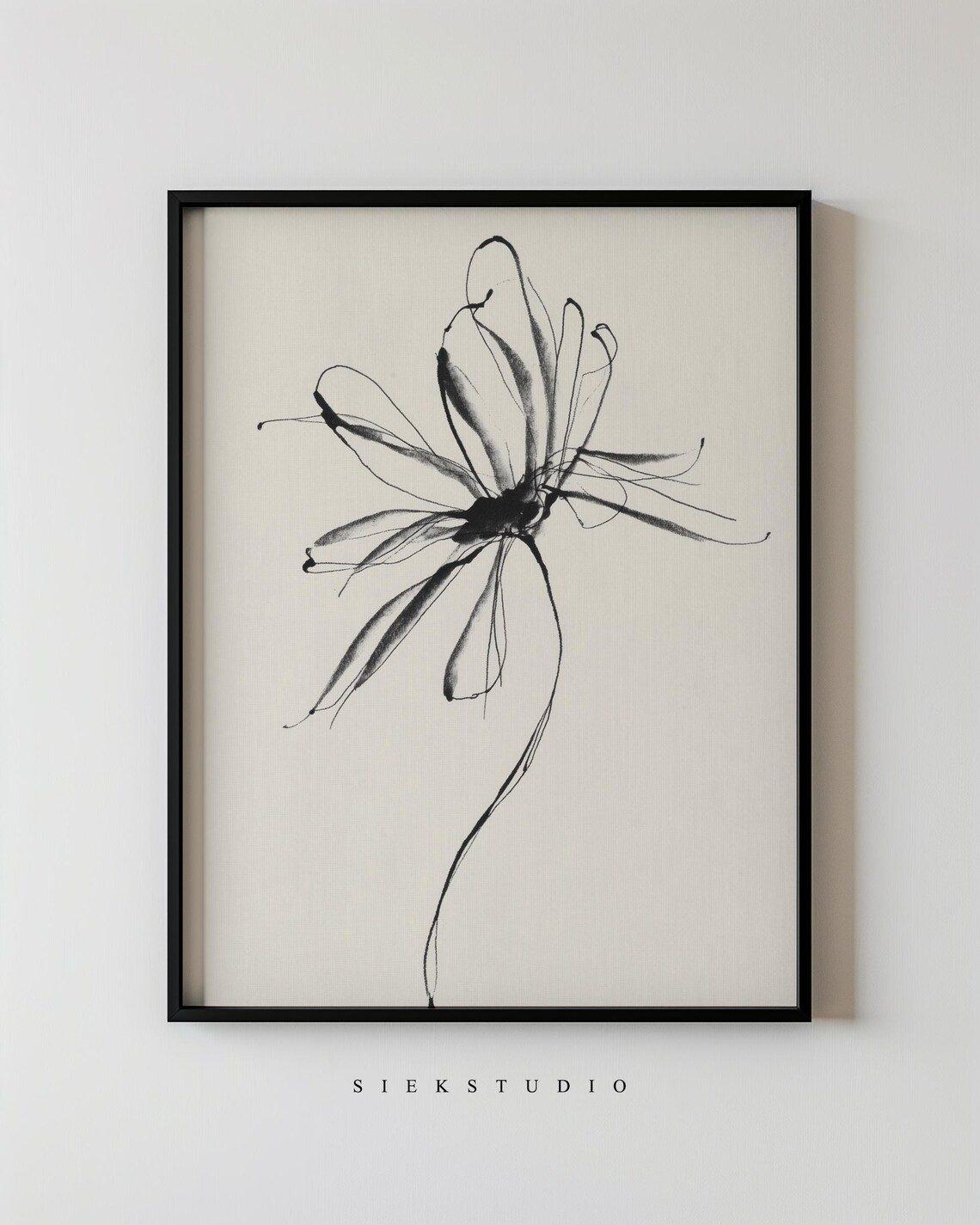 Minimalist Black Floral Drawing, Modern Beige Art Print
