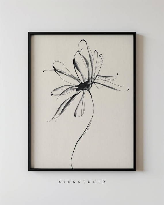 Minimalist Black Floral Drawing, Modern Beige Art Print