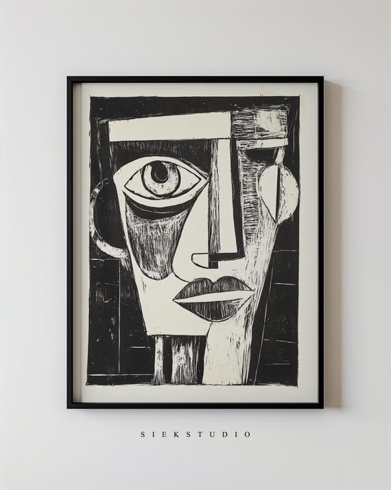 Abstract Cubist Portrait Modern Black White Expressionist Face Art Minimalist Graphic Wall Decor Woodcut Artwork