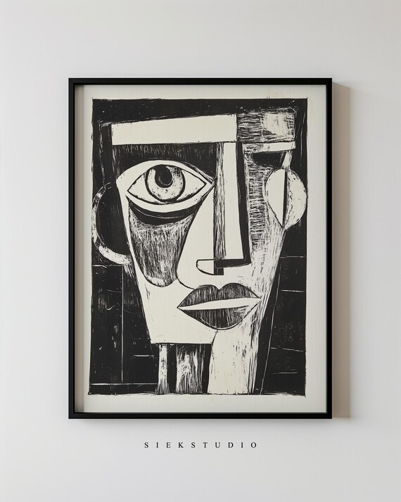 Black White Cubist Portrait Art Poster Abstract Linocut Face