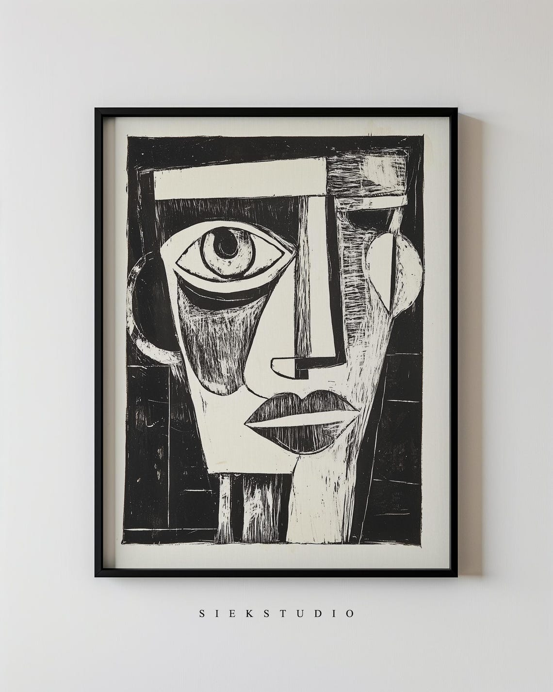 Abstract Cubist Portrait Modern Black White Expressionist Face Art Minimalist Graphic Wall Decor Woodcut Artwork
