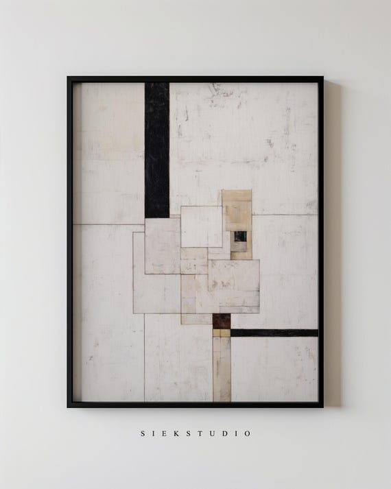 Minimalist Abstract Block Line Wall Art Neutral Composition Modern Black And White Geometric Shapes Contemporary Decor