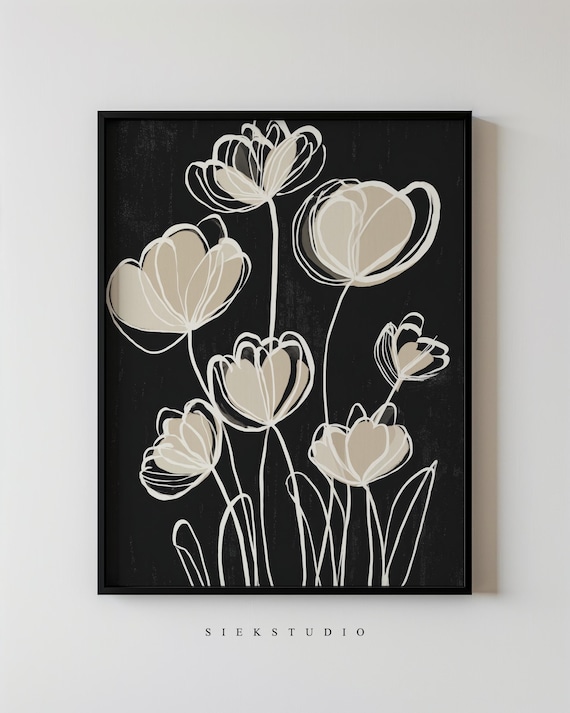 Modern Botanical Line Art Minimalist Floral Drawing Black And Beige Neutral Flowers Contemporary Living Room Wall Artwork 125