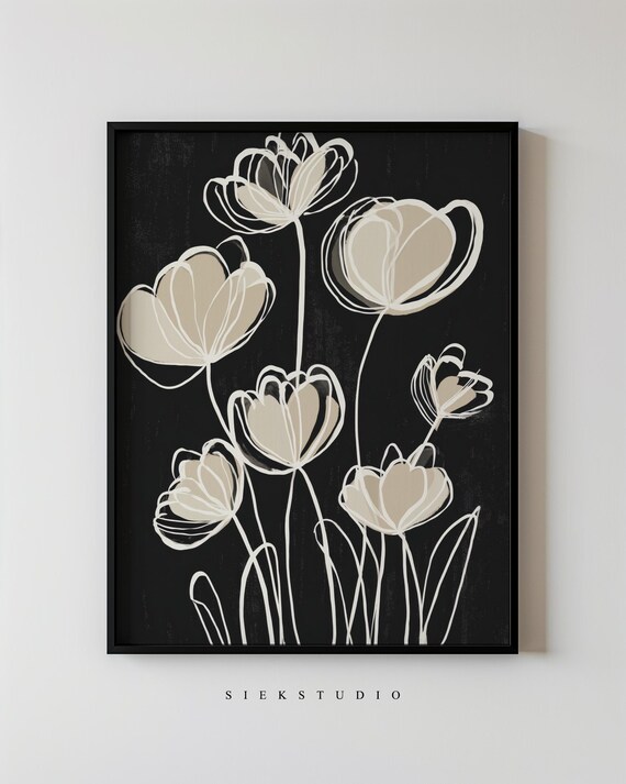 White Line Flowers Black Background Botanical Wall Art Gift Decor