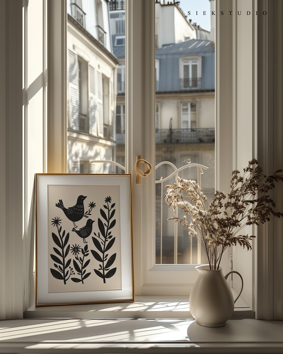 Two Folk Birds Among Wildflowers Black And Beige Nature Poster - Image 3