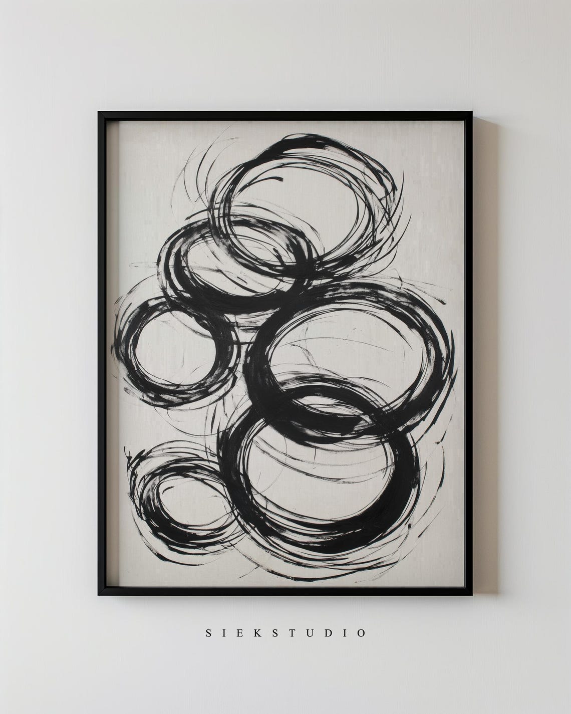 Modern Abstract Minimalist Shapes Circle Ink Painting Black Brushstroke Wall Art Contemporary Neutral And Beige Decor 262