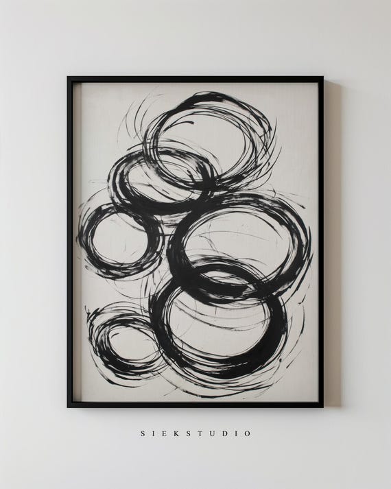 Modern Abstract Minimalist Shapes Circle Ink Painting Black Brushstroke Wall Art Contemporary Neutral And Beige Decor 262