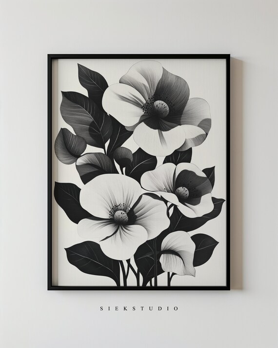 Bold Black And White Floral Art Print, Minimalist Botanical