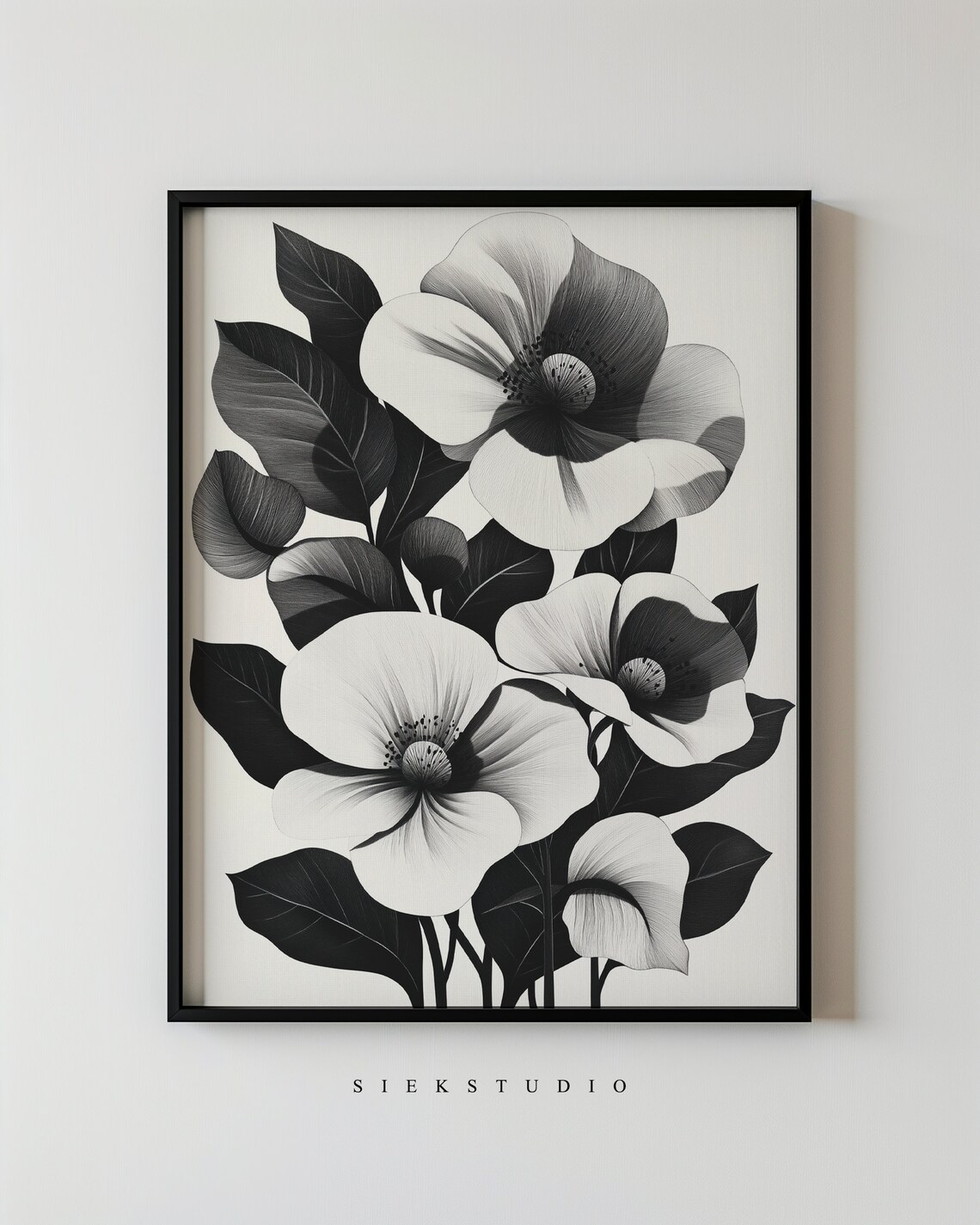 Bold Black And White Floral Art Print, Minimalist Botanical
