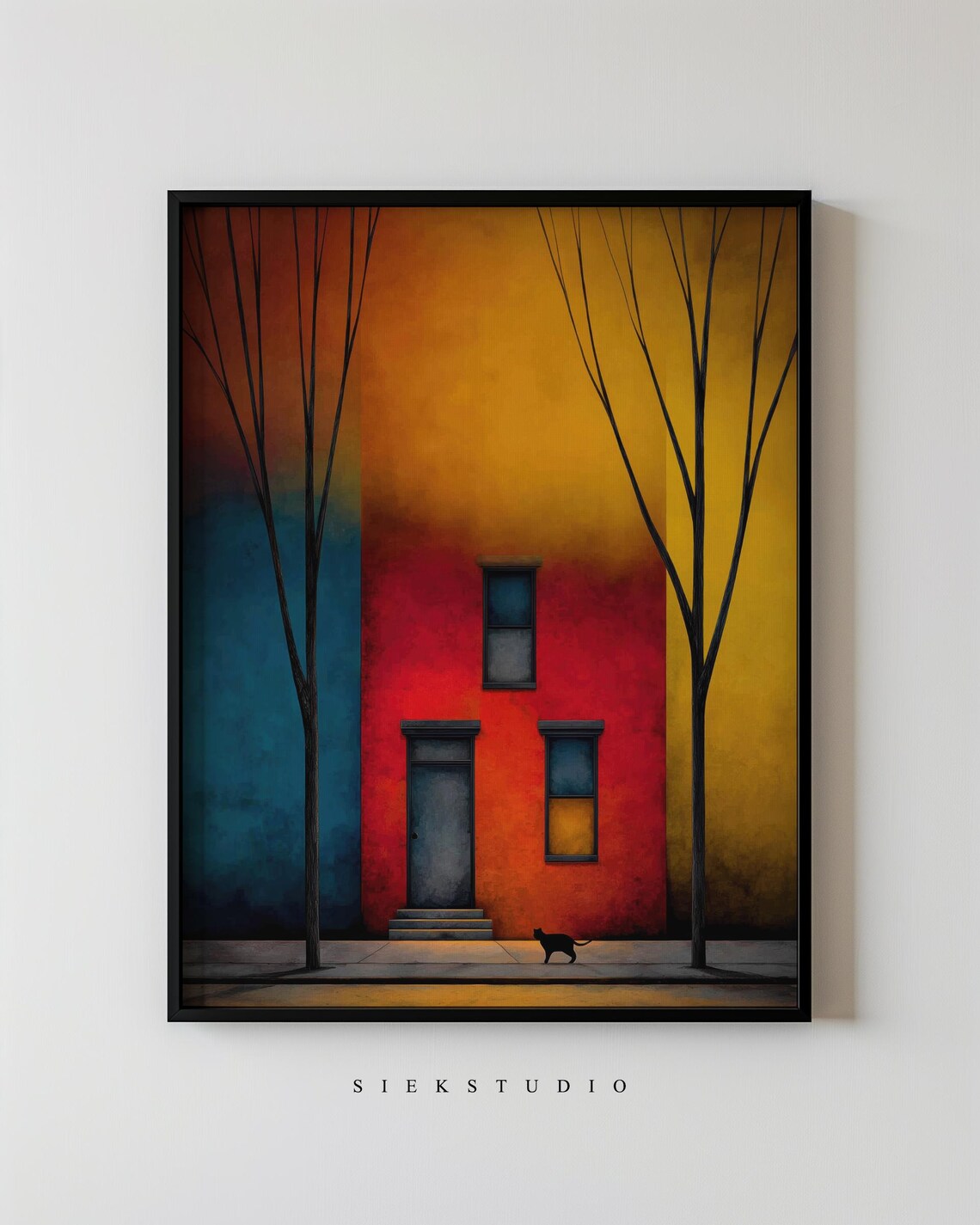 Black Cat City Street Red Building Painting Modern Wall Art Decor