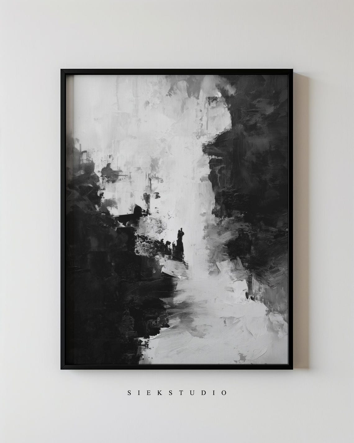 Black and White Abstract Waterfall Brushstroke Modern Art Poster