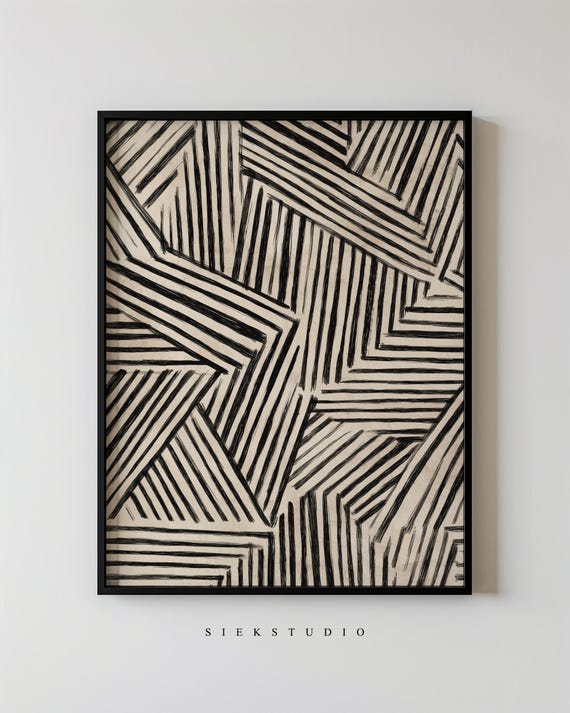 Abstract Minimalist Line Modern Black And Beige Pattern Wall Art Neutral Geometric Contemporary Living Room Decor 137