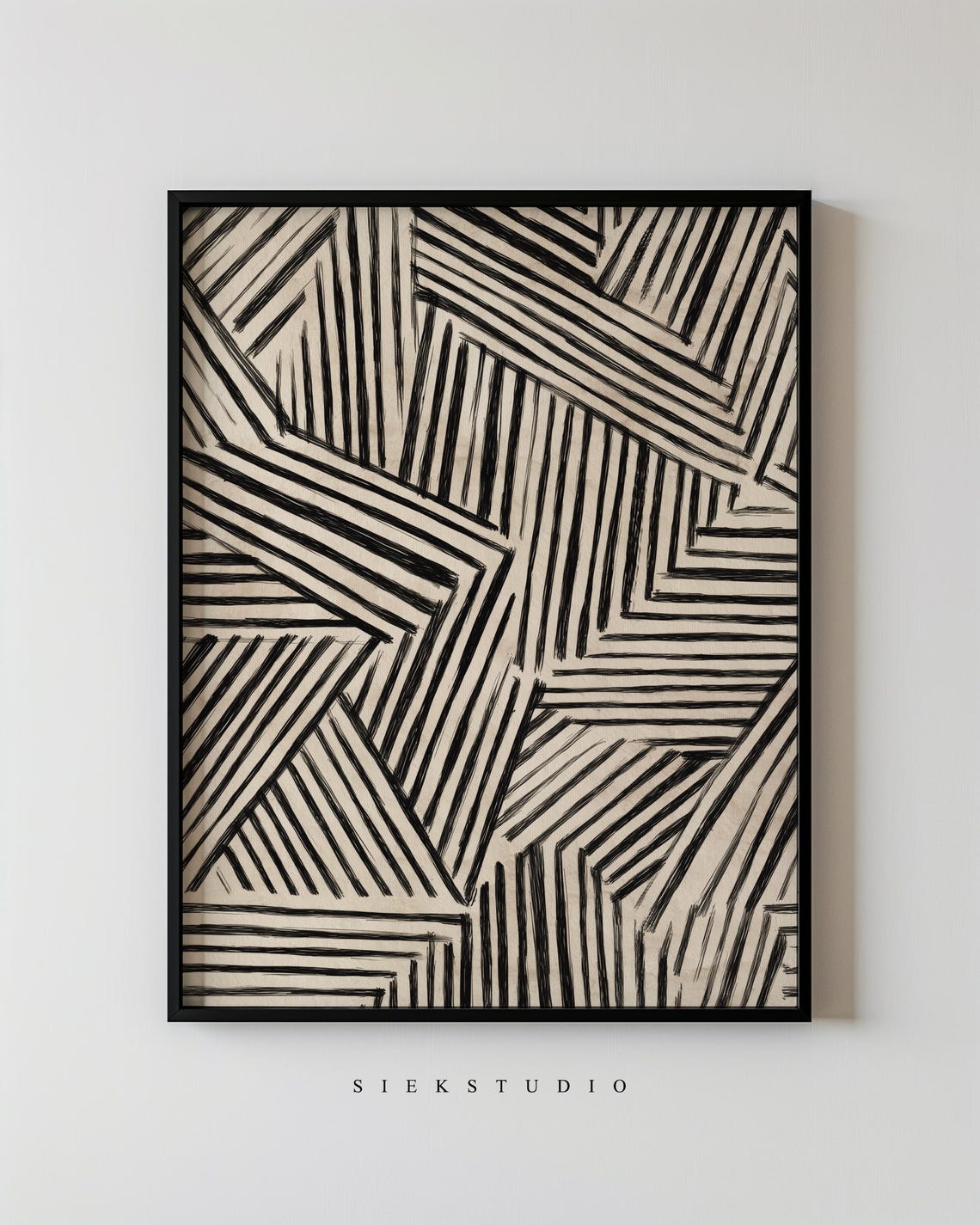 Black Beige Geometric Chevron Stripe Pattern Modern Abstract Poster