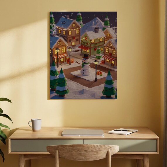Cozy Snowman Christmas Village Winter Town Festive Scene Poster
