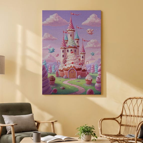 Candy Castle Canvas Wall Art Whimsical Fantasy Dessert Kingdom Print Colorful Fairytale Artwork For Kids Room Nursery Or Playroom
