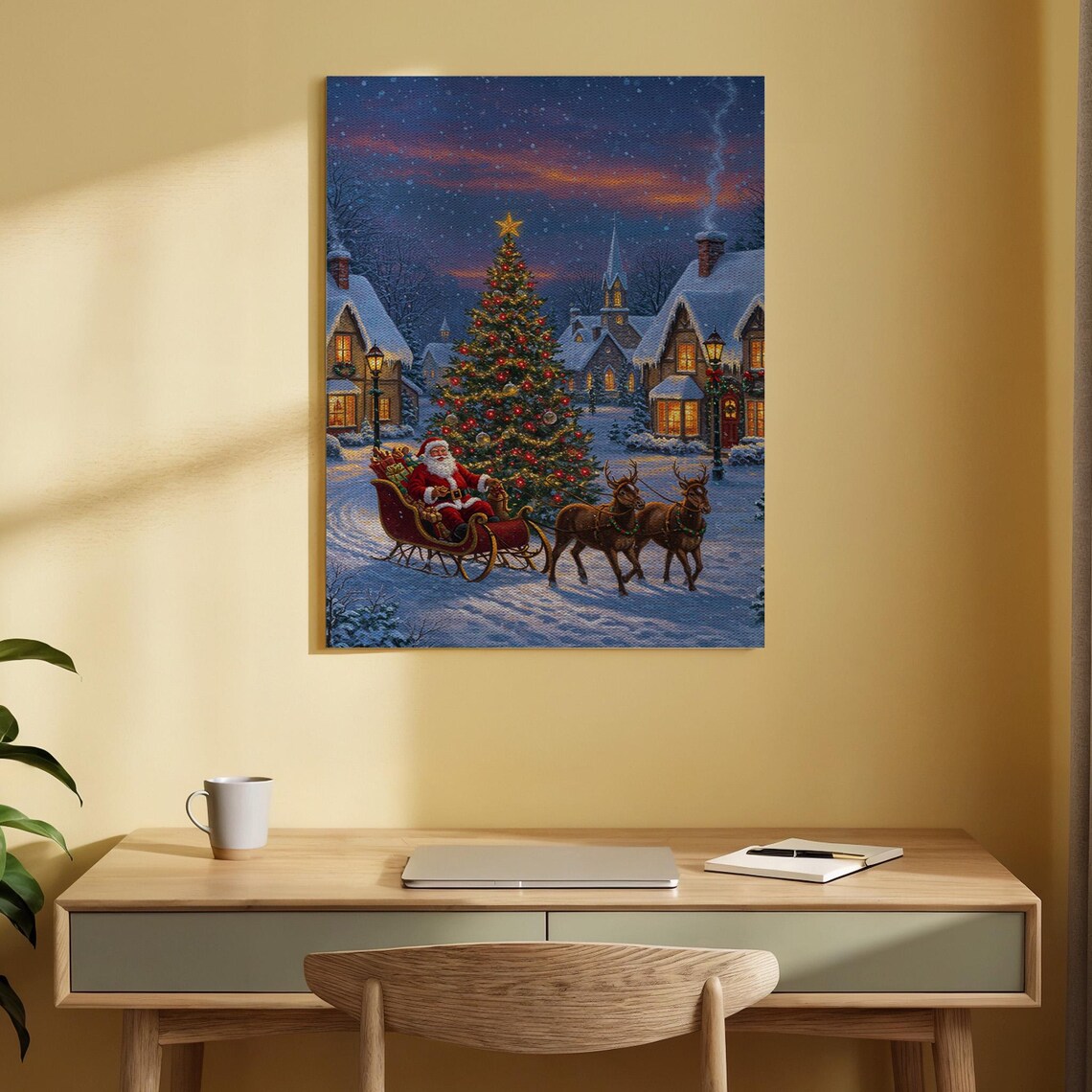 Santa Sleigh Ride Reindeer Snowy Village Christmas Night Canvas Poster