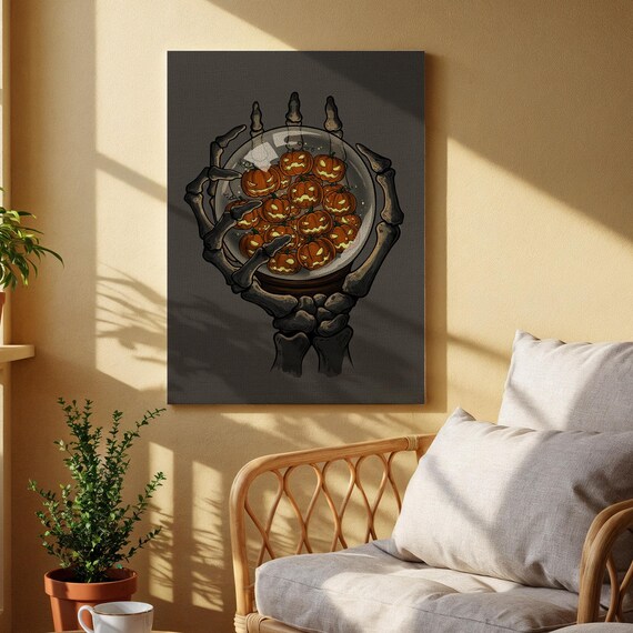 Skeleton Hand Pumpkin Globe Canvas Art Gothic Halloween Wall Print Dark Fantasy Decor For Living Room Office Or Haunted Spaces