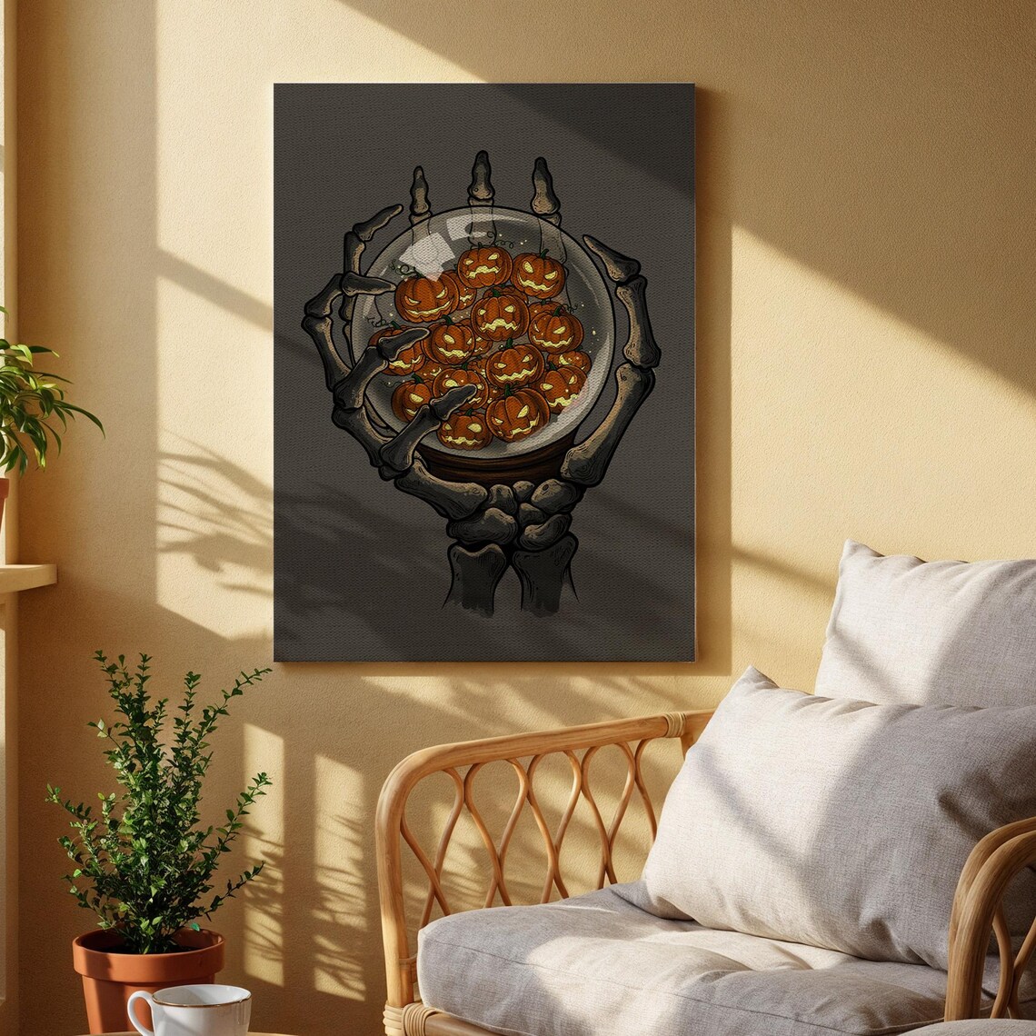Skeleton Hand Holding Crystal Ball of Pumpkins Halloween Poster