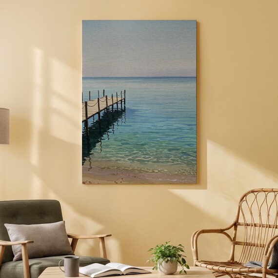 Wooden Pier Calm Turquoise Sea Serene Coastal Canvas Painting Poster