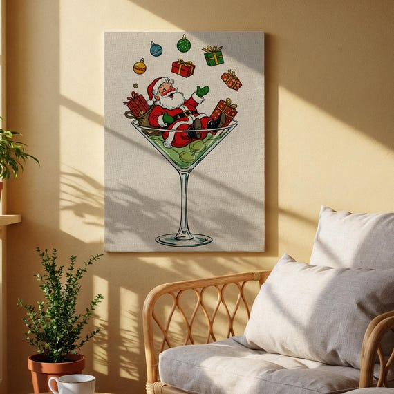 Santa In Glass Canvas Art Funny Christmas Wall Decor Holiday Cocktail Print Festive Artwork For Kitchen Or Living Room