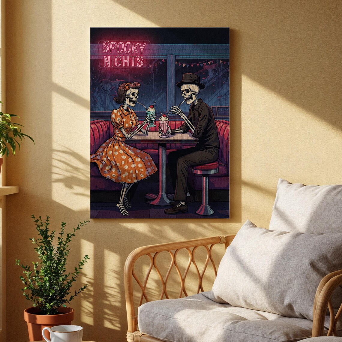 Spooky Nights Retro Skeleton Couple Diner Date Halloween Poster
