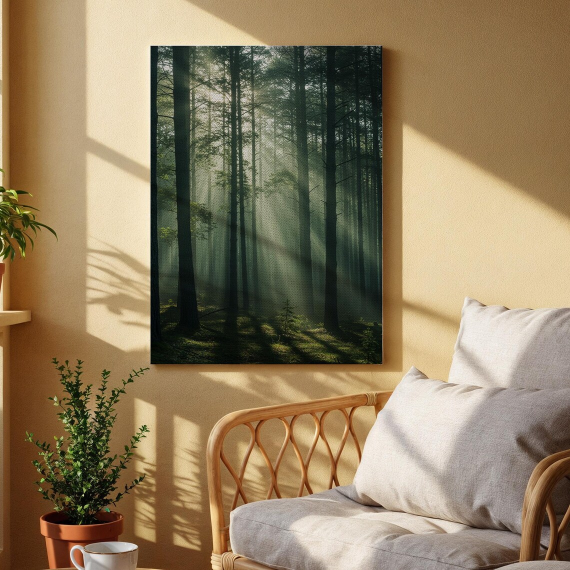 Misty Forest Sunlight Tall Pines Tranquil Green Nature Photo Poster