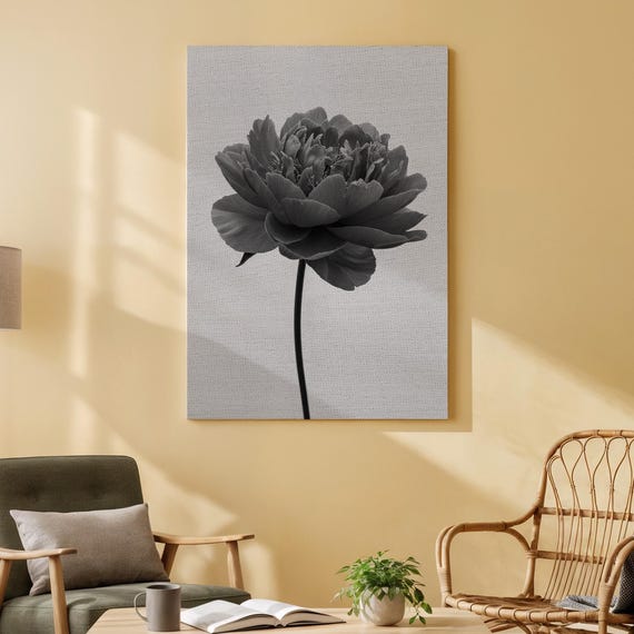 Black And White Flower Artwork Print On Wood Elegant Peony Design Minimalist Floral Art For Living Room Bedroom Or Office Decor
