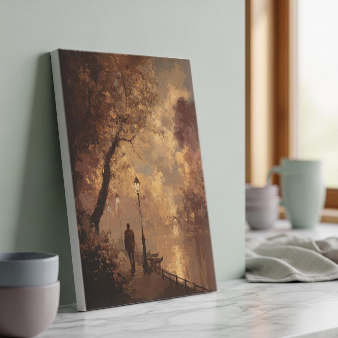 Golden Autumn Riverside Walk With Lantern Oil Painting Style Poster