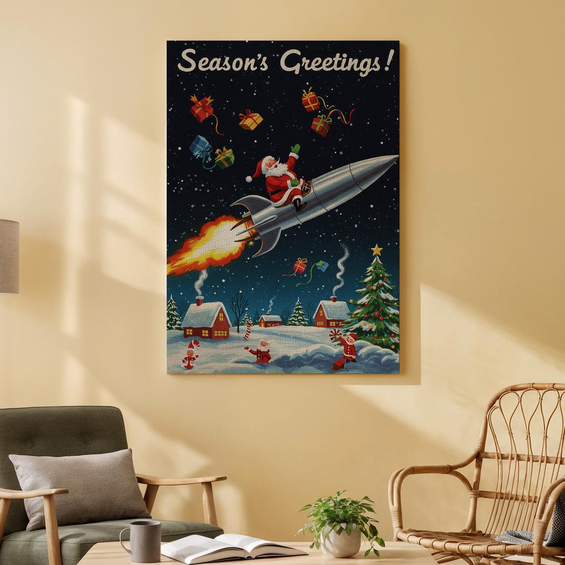 Seasons Greetings Santa Riding Retro Rocket Christmas Poster