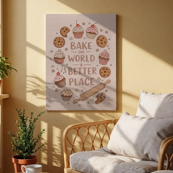 Bake The World A Better Place Baking Quote Kitchen Baker Poster