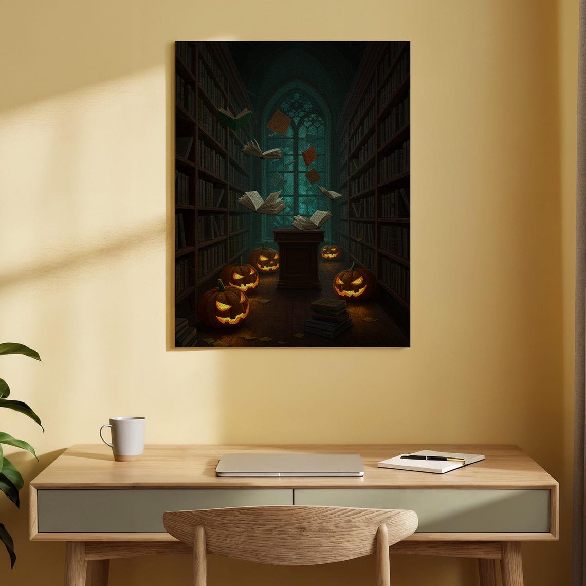 Haunted Library Flying Books Jack O Lanterns Dark Gothic Hall Poster