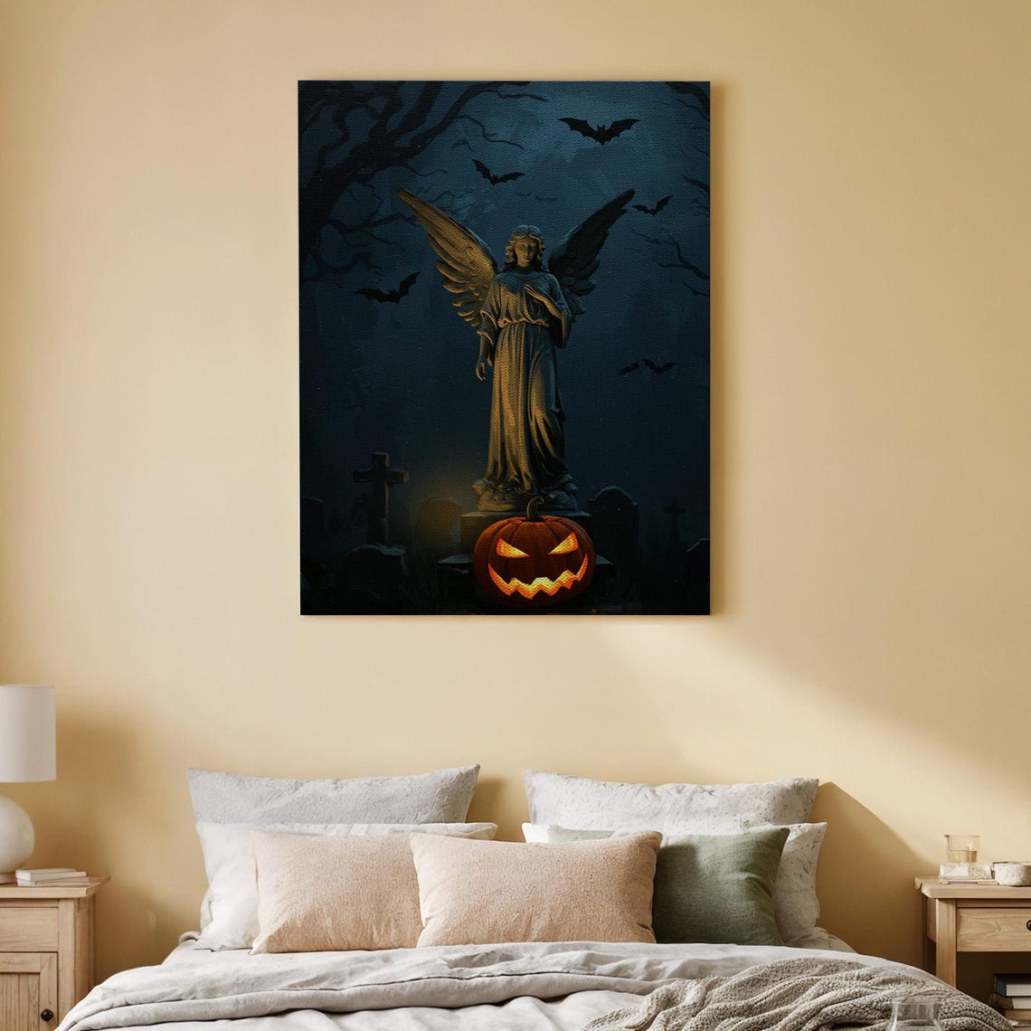Gothic Angel Statue Graveyard Bats Jack O Lantern Halloween Wall Art