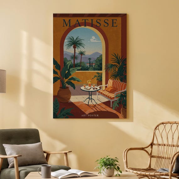 Matisse Inspired Canvas Wall Art Tropical Window View With Palm Trees Vintage Style Print For Living Room Or Office Decor