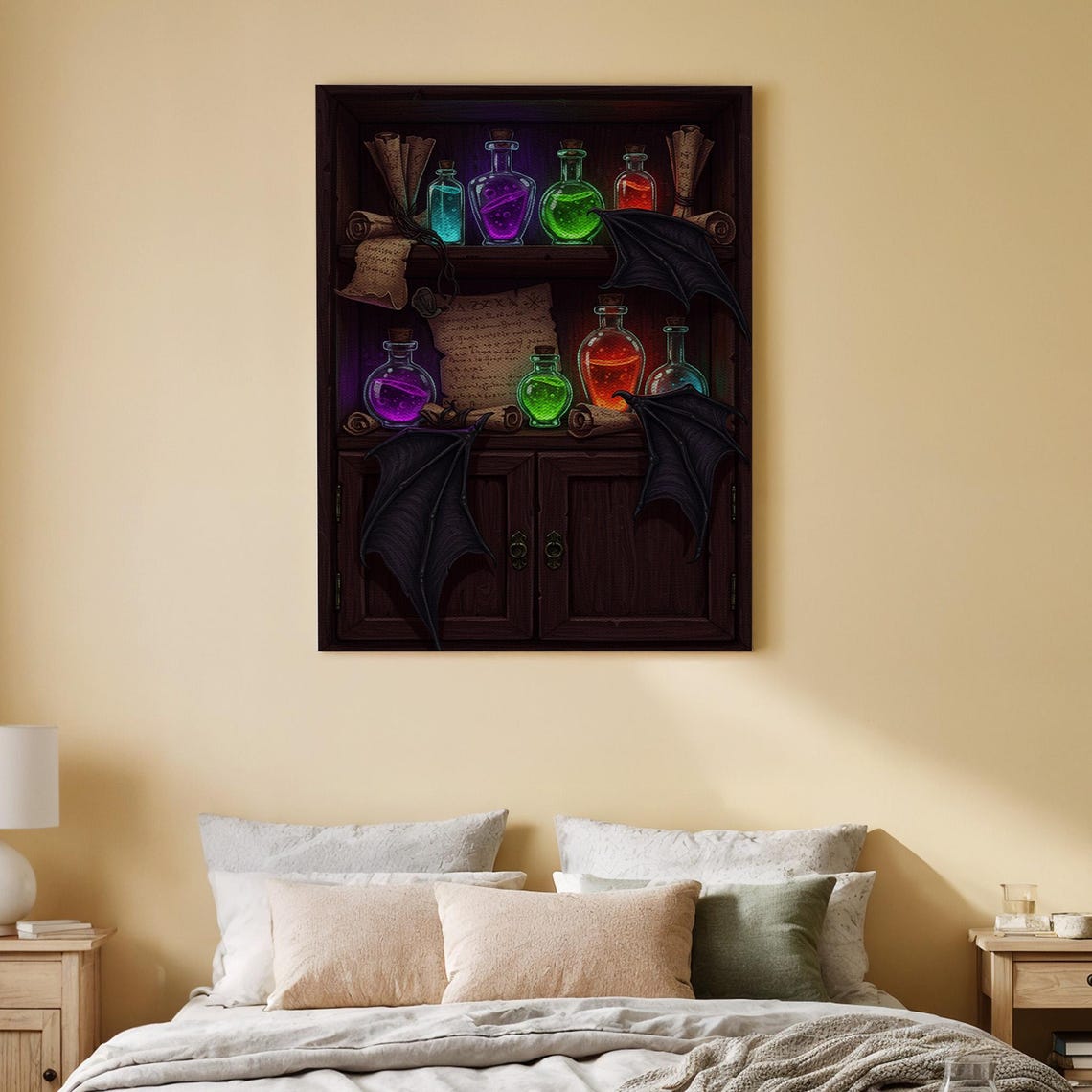 Witch Potion Shelf Glowing Bottles Scrolls and Bat Wings Wall Art
