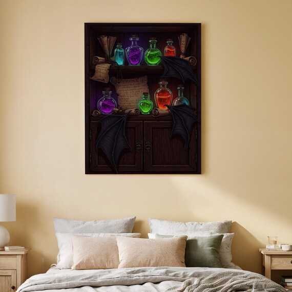 Potion Shelf Canvas Art Magical Halloween Wall Print Witchs Cabinet Decor For Living Room Office Or Seasonal Spaces