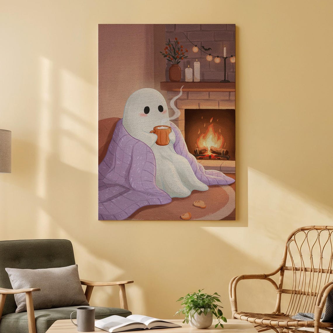 Cozy Ghost Wrapped In Blanket With Hot Cocoa By The Fireplace Poster