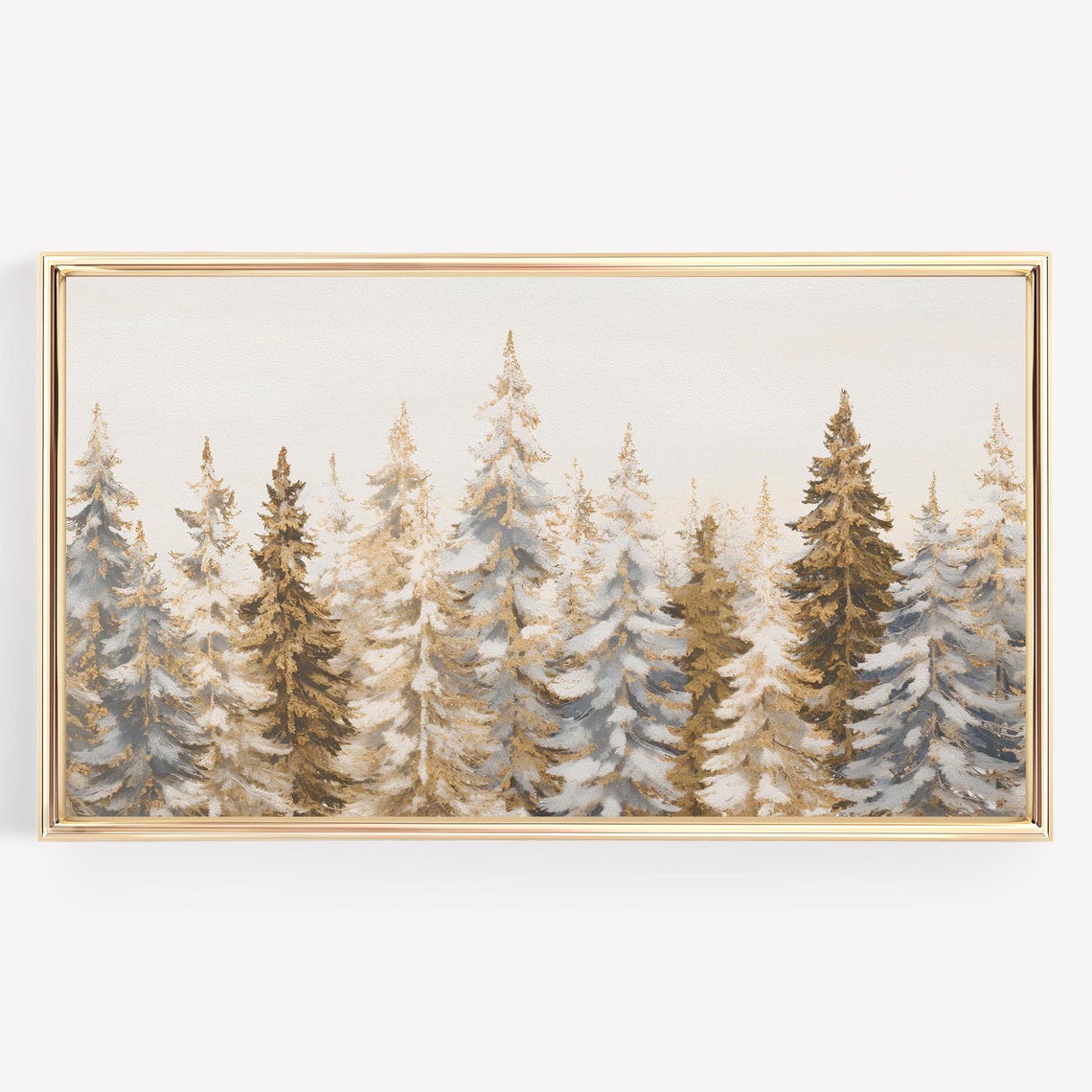 Snowy Evergreen Forest Winter Trees Gold and Blue Art Poster - Image 4
