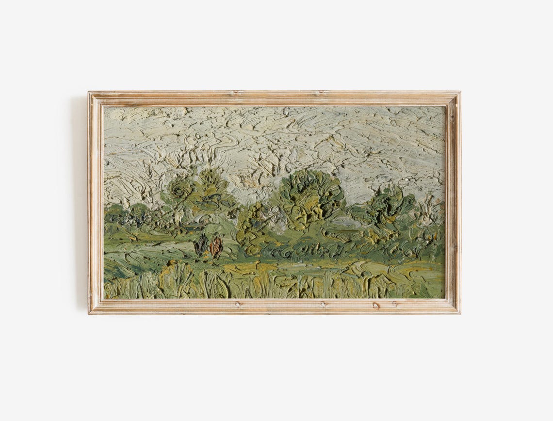 Textured Green Meadow Impasto Oil Landscape Frame TV Painting Poster - Image 2