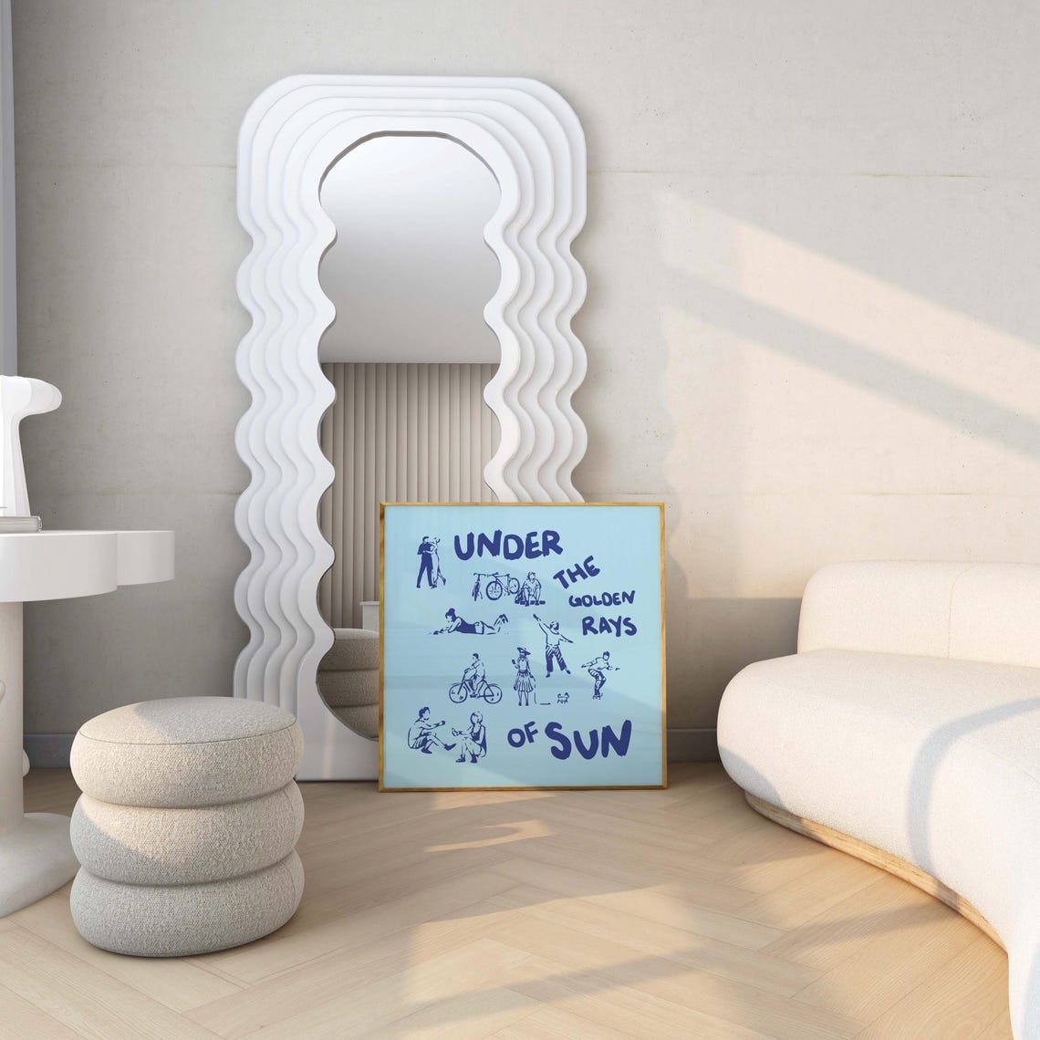 Under the Golden Rays of Sun Navy Blue on Light Blue Square Poster - Image 3