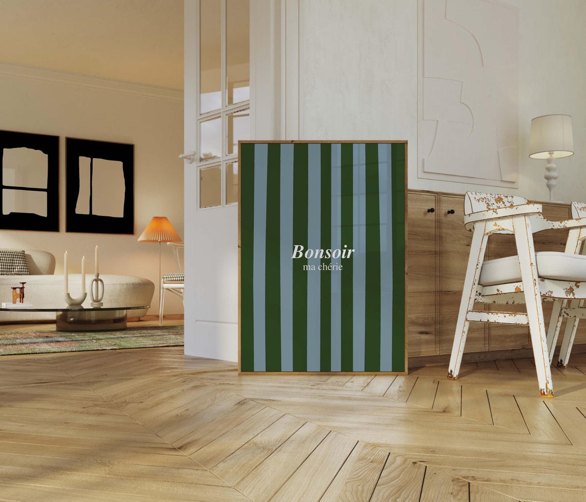 Bonsoir Ma Cherie Green Blue French Greeting Striped Art Poster - Image 2