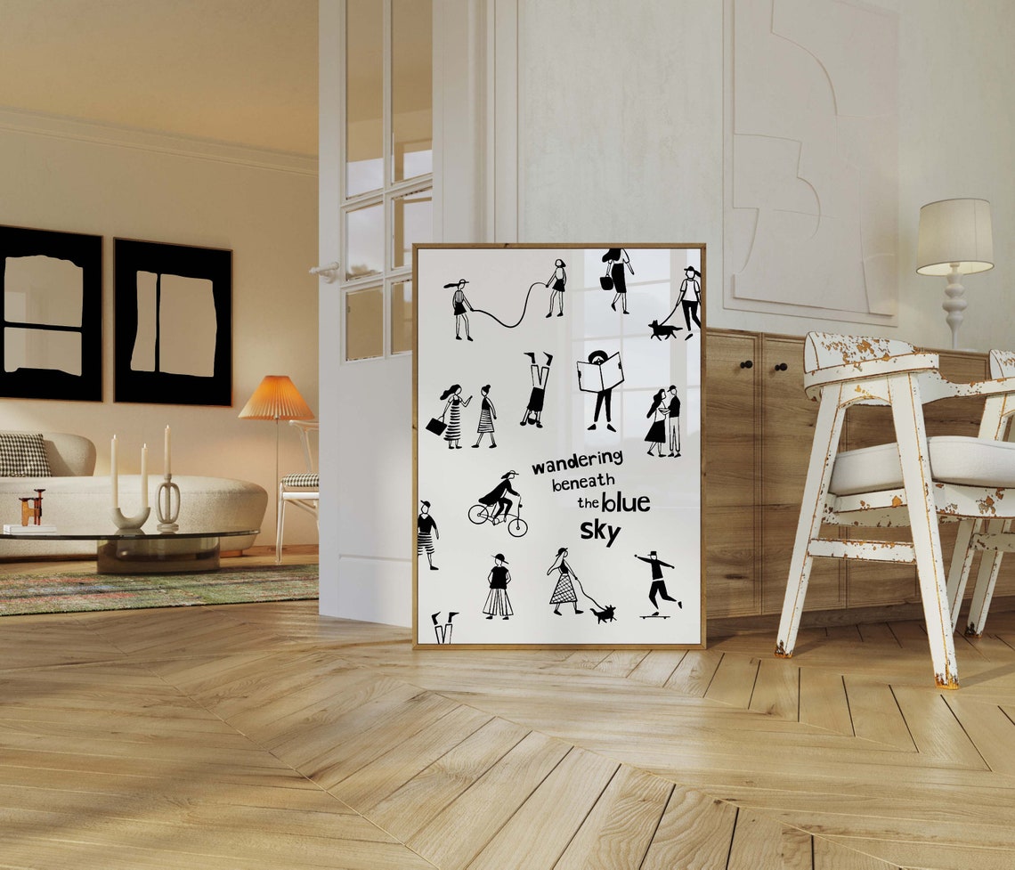 Wandering Beneath the Blue Sky Black White Line Art Figures Poster - Image 3